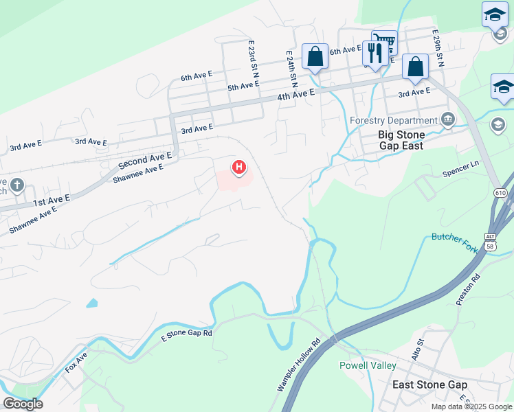 map of restaurants, bars, coffee shops, grocery stores, and more near 2045 Valley View Drive in Big Stone Gap