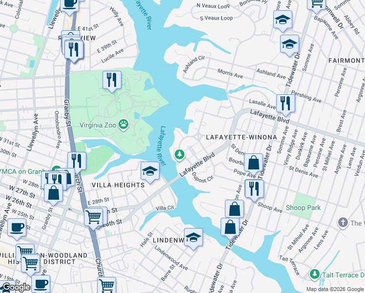 map of restaurants, bars, coffee shops, grocery stores, and more near 132 Orleans Circle in Norfolk