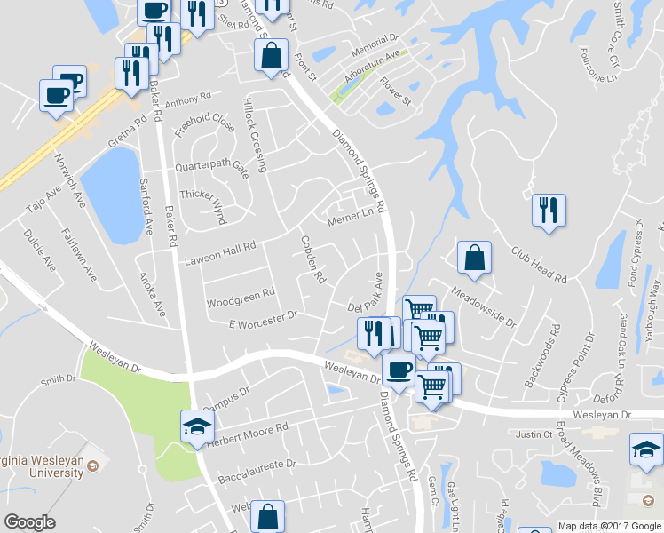 map of restaurants, bars, coffee shops, grocery stores, and more near 5501 State Street in Virginia Beach
