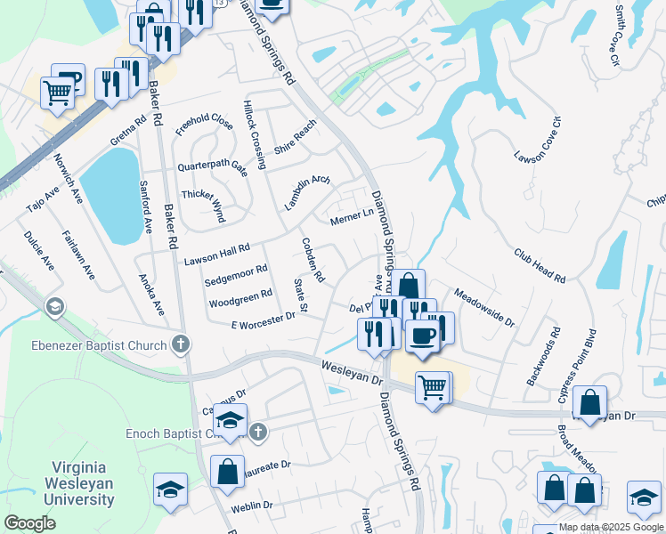 map of restaurants, bars, coffee shops, grocery stores, and more near 5501 State Street in Virginia Beach