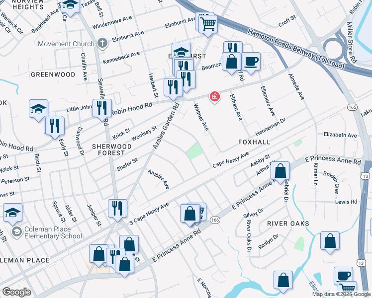 map of restaurants, bars, coffee shops, grocery stores, and more near 2500 Bruce Street in Norfolk