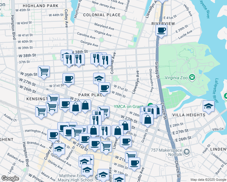 map of restaurants, bars, coffee shops, grocery stores, and more near 3020 Colonial Avenue in Norfolk