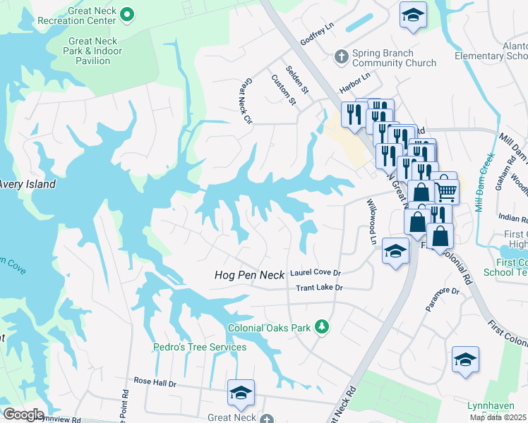 map of restaurants, bars, coffee shops, grocery stores, and more near 1348 Meadow Lake Road in Virginia Beach
