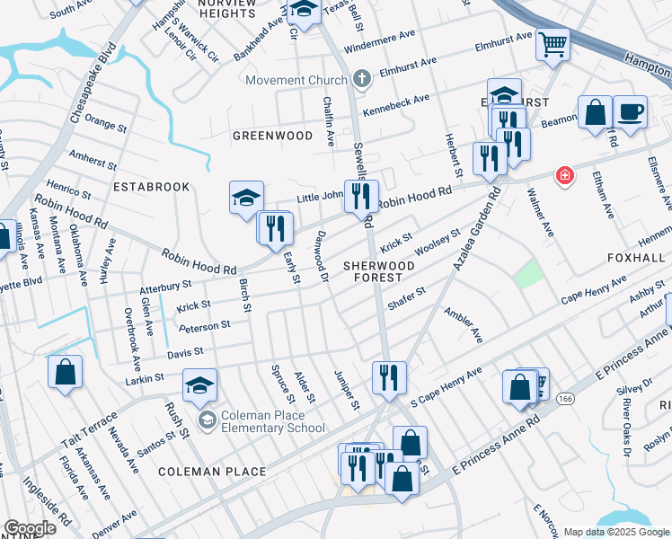 map of restaurants, bars, coffee shops, grocery stores, and more near 4714 Krick Street in Norfolk