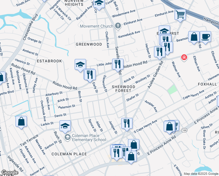 map of restaurants, bars, coffee shops, grocery stores, and more near 4714 Krick Street in Norfolk