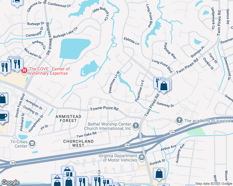 map of restaurants, bars, coffee shops, grocery stores, and more near 3831 Harvest Court in Portsmouth