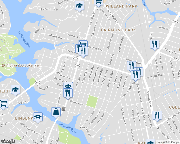 map of restaurants, bars, coffee shops, grocery stores, and more near 3101 Dunkirk Avenue in Norfolk