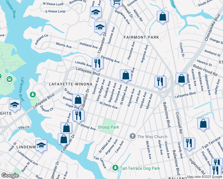 map of restaurants, bars, coffee shops, grocery stores, and more near 3111 Dunkirk Avenue in Norfolk