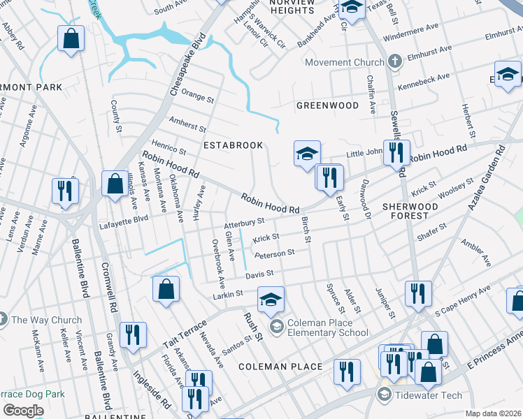 map of restaurants, bars, coffee shops, grocery stores, and more near 3837 Robin Hood Road in Norfolk
