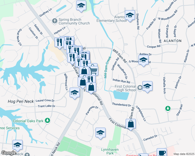map of restaurants, bars, coffee shops, grocery stores, and more near 2106 Sanctuary Court in Virginia Beach