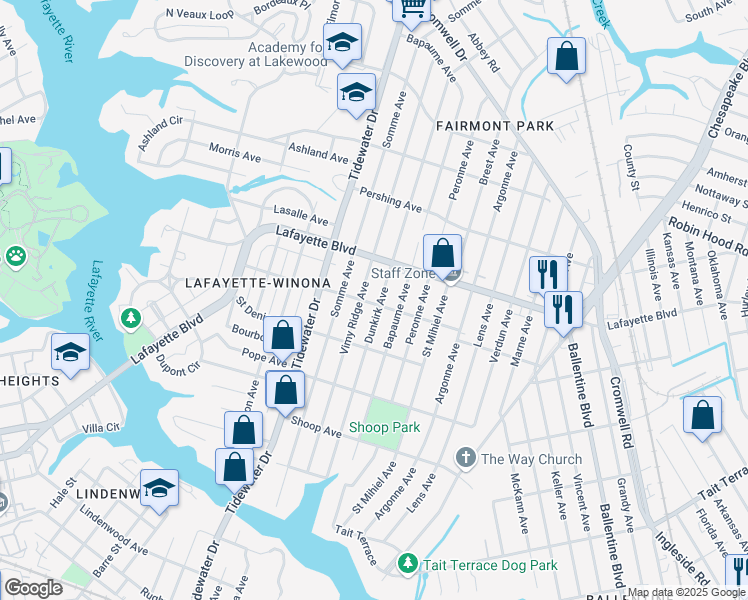 map of restaurants, bars, coffee shops, grocery stores, and more near 3101 Dunkirk Avenue in Norfolk