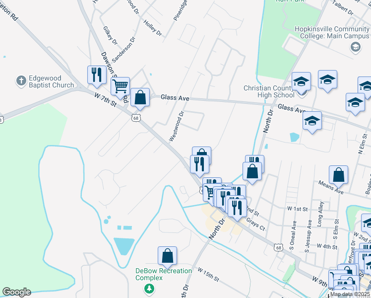 map of restaurants, bars, coffee shops, grocery stores, and more near 1402 West 7th Street in Hopkinsville