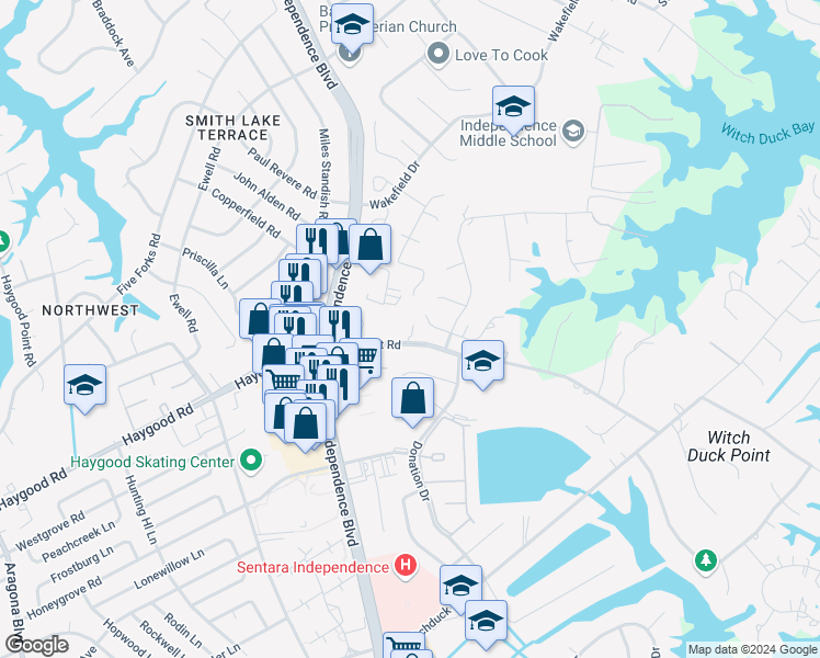 map of restaurants, bars, coffee shops, grocery stores, and more near 1121 Witchgate Court in Virginia Beach