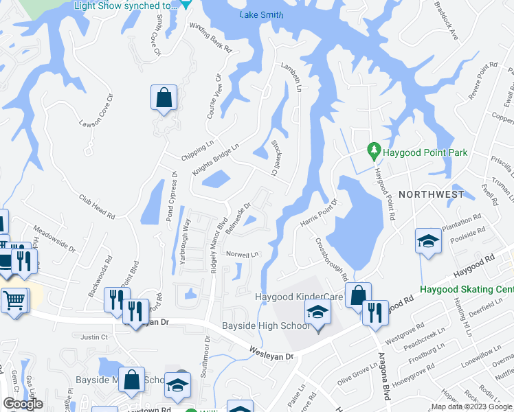 map of restaurants, bars, coffee shops, grocery stores, and more near 1177 Belmeade Drive in Virginia Beach