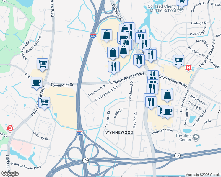 map of restaurants, bars, coffee shops, grocery stores, and more near 6382 Old Townpoint Road in Suffolk