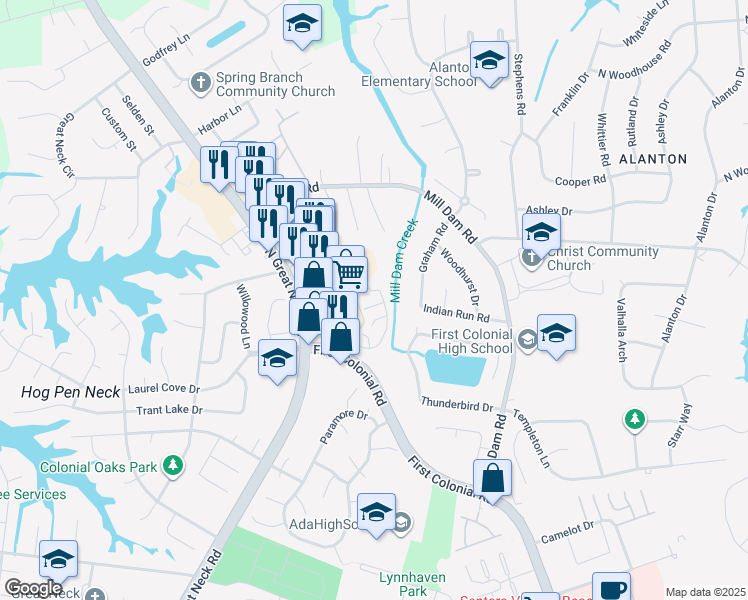 map of restaurants, bars, coffee shops, grocery stores, and more near 2118 Sanctuary Court in Virginia Beach