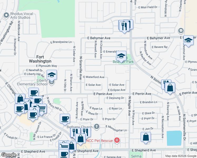 map of restaurants, bars, coffee shops, grocery stores, and more near 1699 East Waterford Avenue in Fresno