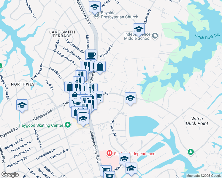 map of restaurants, bars, coffee shops, grocery stores, and more near 1121 Witchgate Court in Virginia Beach