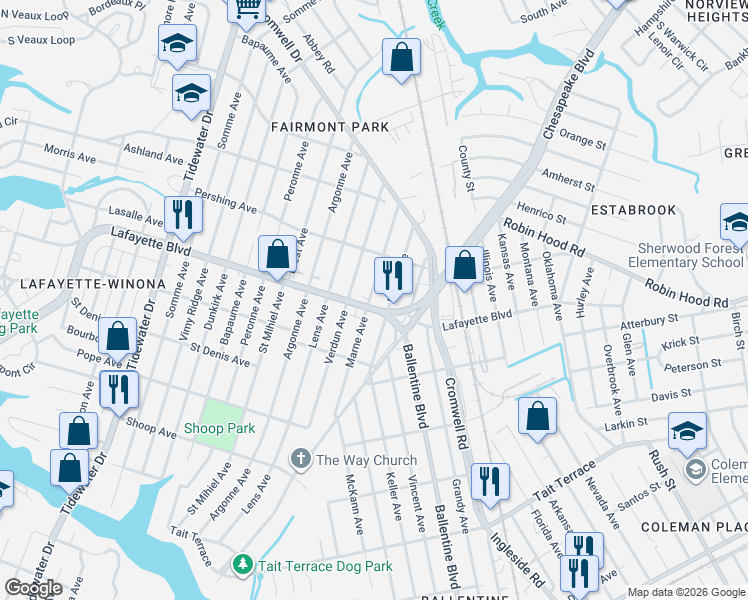 map of restaurants, bars, coffee shops, grocery stores, and more near 3213 Lyons Avenue in Norfolk