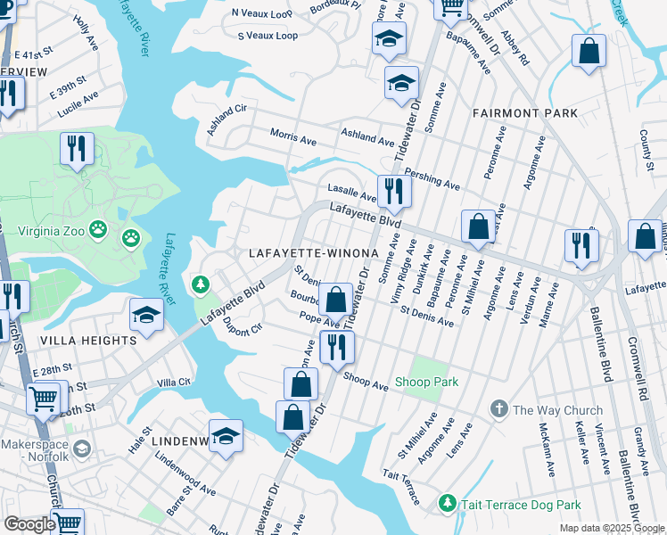 map of restaurants, bars, coffee shops, grocery stores, and more near in Norfolk