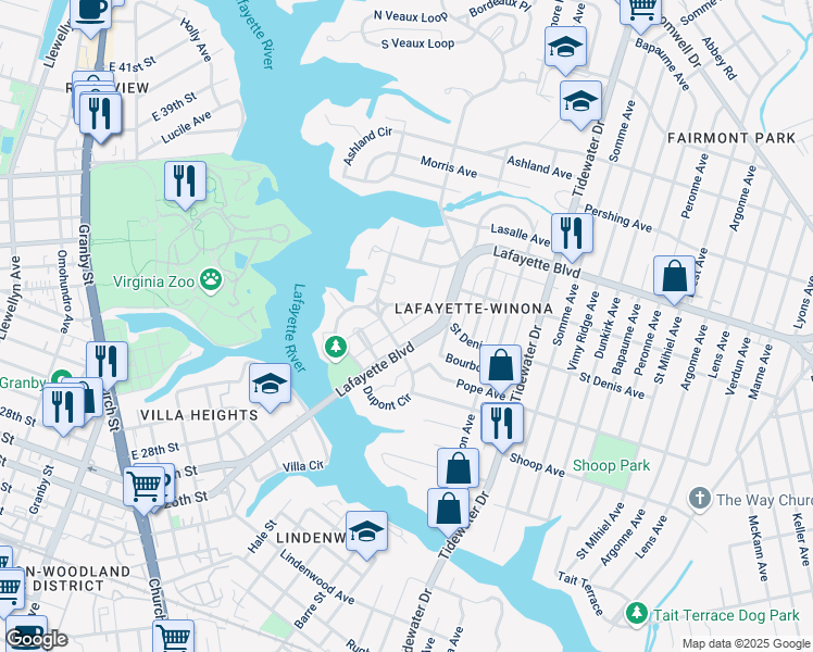 map of restaurants, bars, coffee shops, grocery stores, and more near 1535 Degrasse Avenue in Norfolk