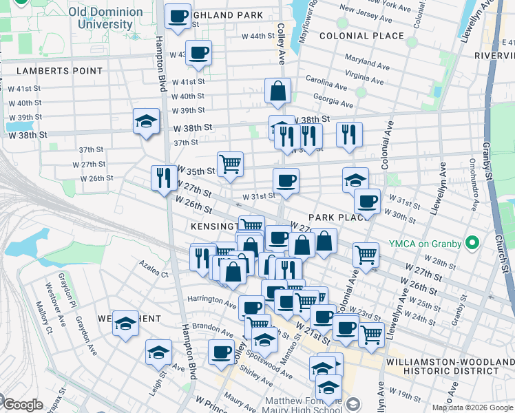 map of restaurants, bars, coffee shops, grocery stores, and more near 823 West 28th Street in Norfolk