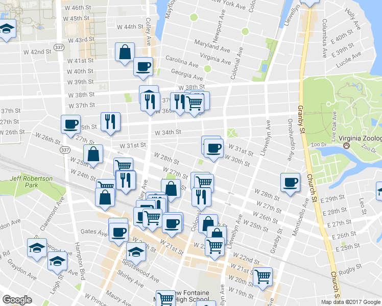 map of restaurants, bars, coffee shops, grocery stores, and more near 606 W 29th St in Norfolk