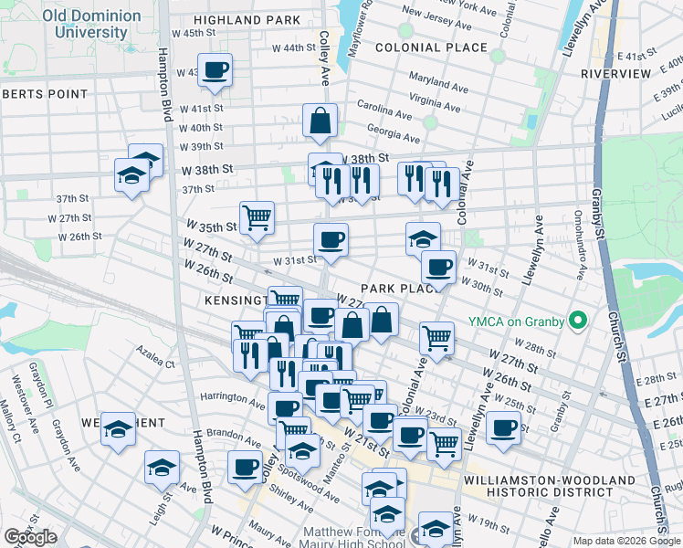 map of restaurants, bars, coffee shops, grocery stores, and more near 2800 Colley Avenue in Norfolk