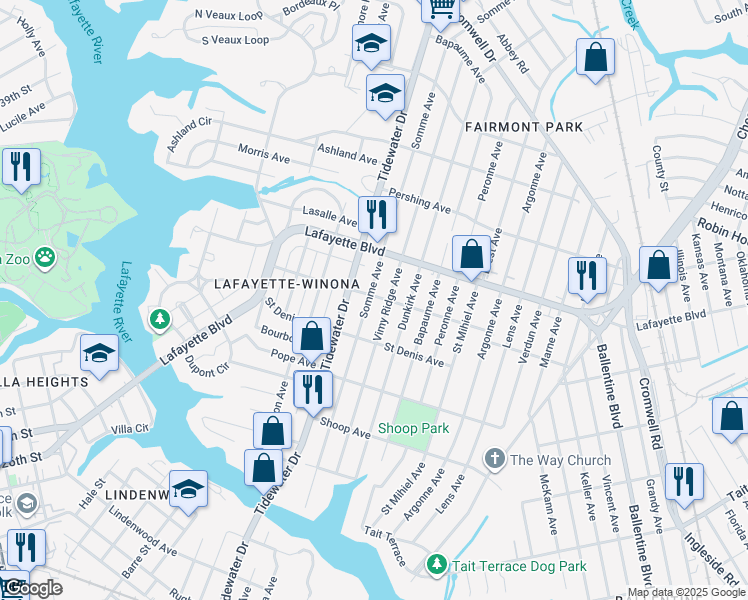 map of restaurants, bars, coffee shops, grocery stores, and more near 3100 Somme Avenue in Norfolk