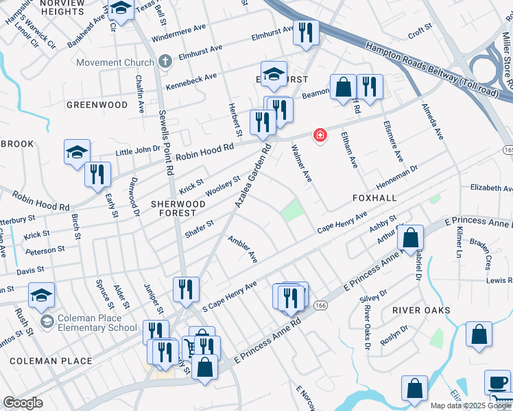 map of restaurants, bars, coffee shops, grocery stores, and more near 2535 Bruce Street in Norfolk