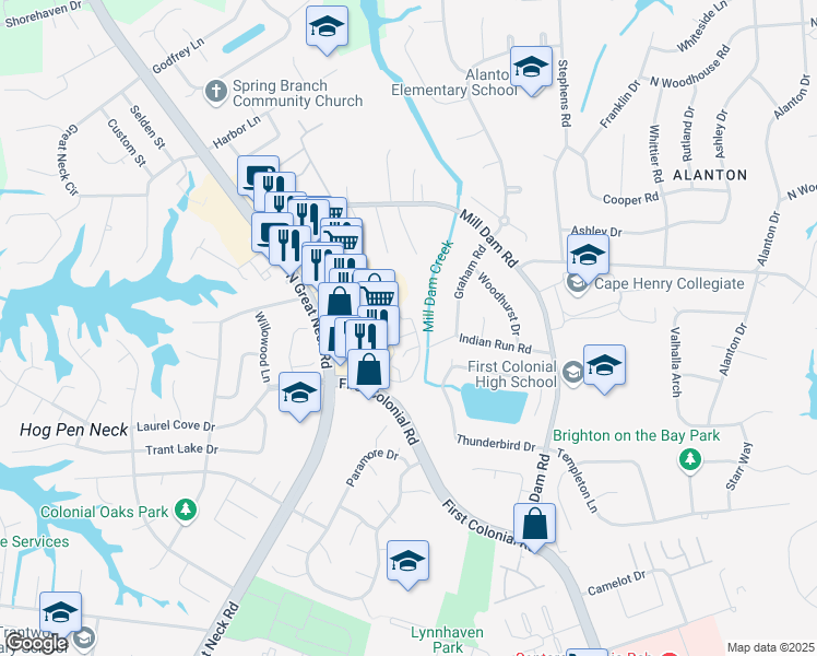map of restaurants, bars, coffee shops, grocery stores, and more near 2106 Sanctuary Court in Virginia Beach