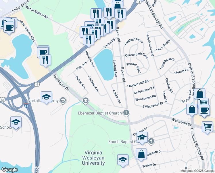 map of restaurants, bars, coffee shops, grocery stores, and more near 1041 Anoka Avenue in Virginia Beach
