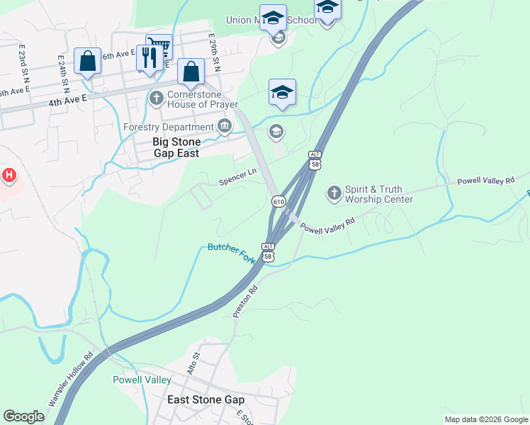 map of restaurants, bars, coffee shops, grocery stores, and more near 2923 Taylor Lane in Big Stone Gap