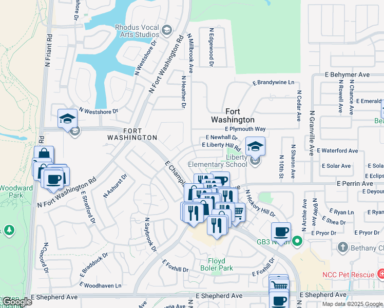 map of restaurants, bars, coffee shops, grocery stores, and more near 967 East Democracy Avenue in Fresno