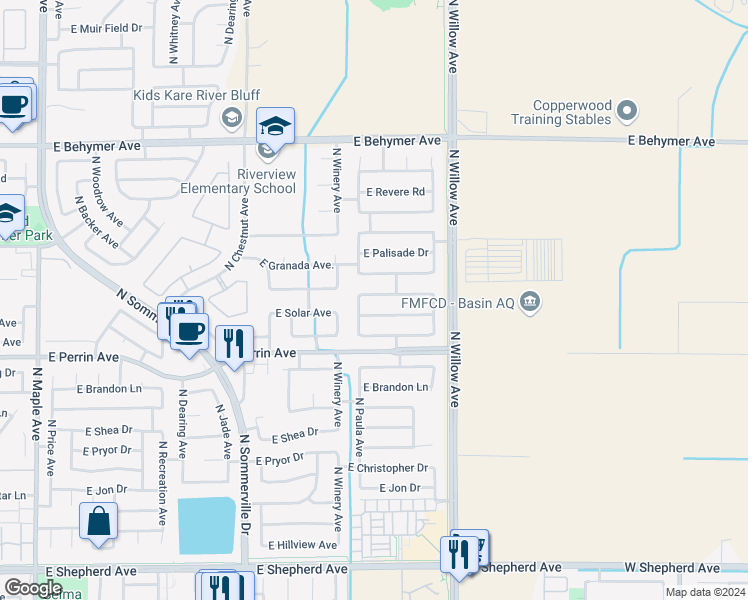 map of restaurants, bars, coffee shops, grocery stores, and more near 2803 East Waterford Avenue in Fresno