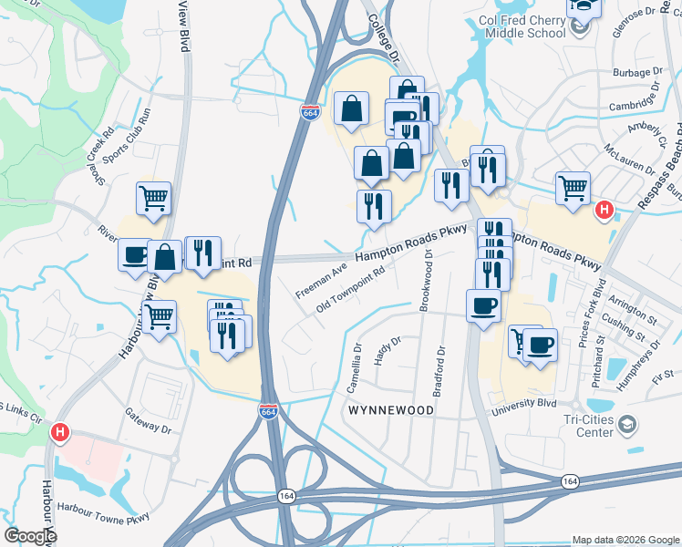 map of restaurants, bars, coffee shops, grocery stores, and more near 6317 Freeman Avenue in Suffolk