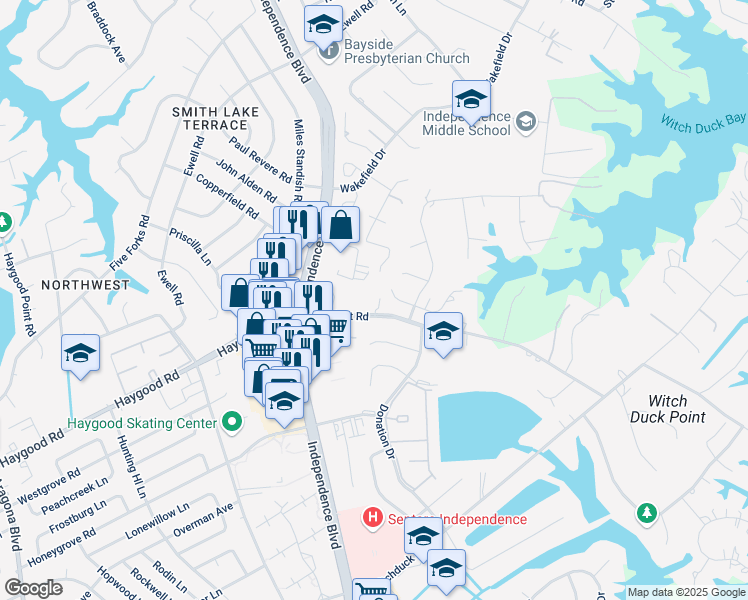 map of restaurants, bars, coffee shops, grocery stores, and more near 1121 Witchgate Court in Virginia Beach