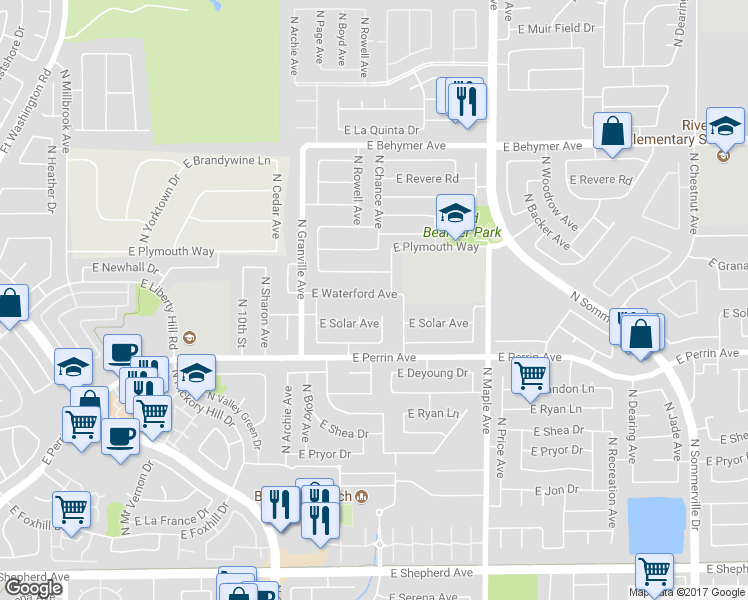 map of restaurants, bars, coffee shops, grocery stores, and more near 1699 East Waterford Avenue in Fresno