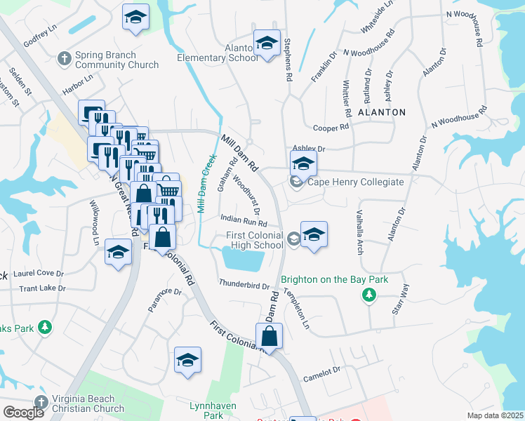 map of restaurants, bars, coffee shops, grocery stores, and more near 1308 Woodhurst Drive in Virginia Beach