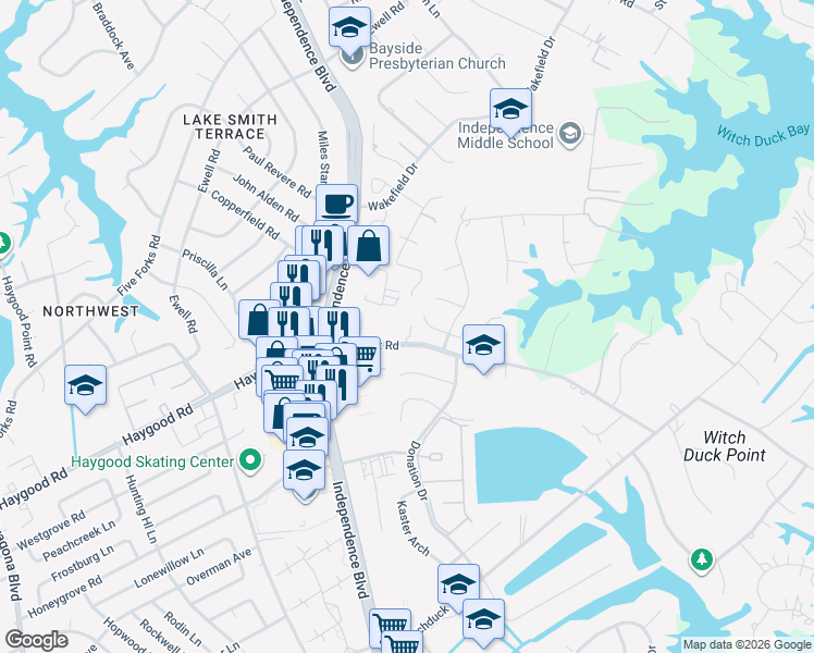 map of restaurants, bars, coffee shops, grocery stores, and more near 1121 Witchgate Court in Virginia Beach