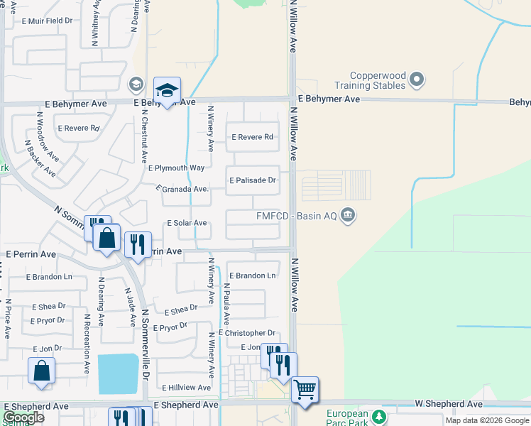 map of restaurants, bars, coffee shops, grocery stores, and more near 2929 East Waterford Avenue in Fresno
