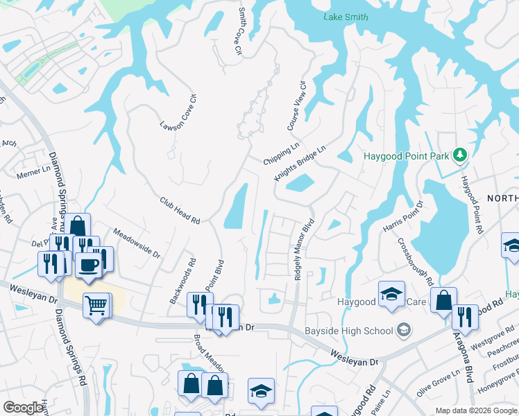 map of restaurants, bars, coffee shops, grocery stores, and more near 1156 Pond Cypress Drive in Virginia Beach