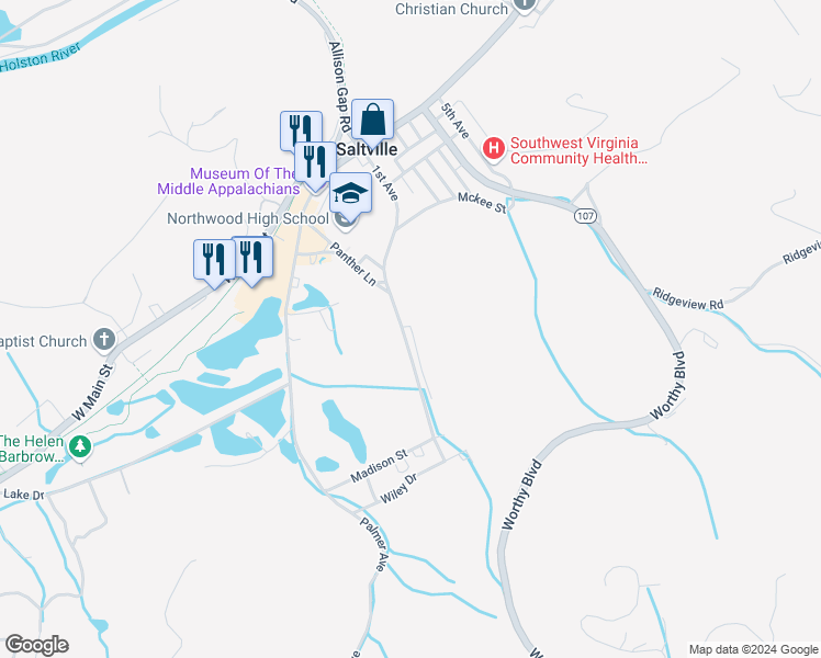 map of restaurants, bars, coffee shops, grocery stores, and more near 615 1st Avenue in Saltville