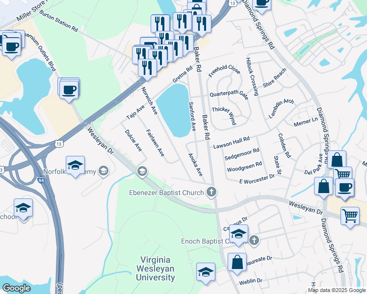 map of restaurants, bars, coffee shops, grocery stores, and more near 1041 Anoka Avenue in Virginia Beach