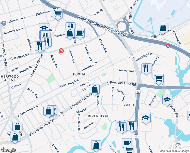 map of restaurants, bars, coffee shops, grocery stores, and more near 5368 Ashby Street in Norfolk