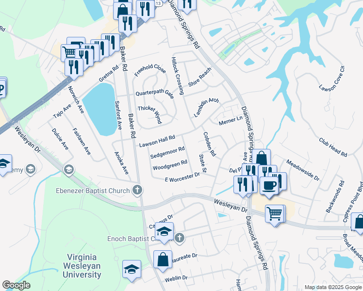 map of restaurants, bars, coffee shops, grocery stores, and more near 5600 Sedgemoor Road in Virginia Beach