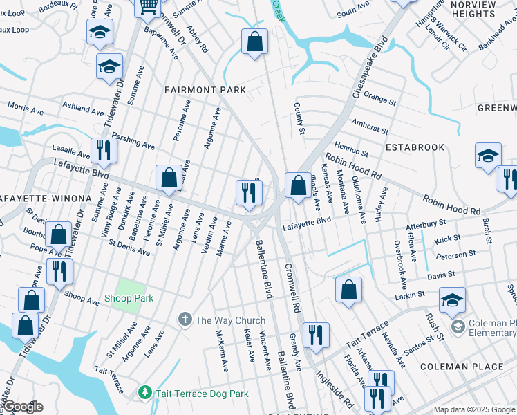 map of restaurants, bars, coffee shops, grocery stores, and more near 3213 Lyons Avenue in Norfolk