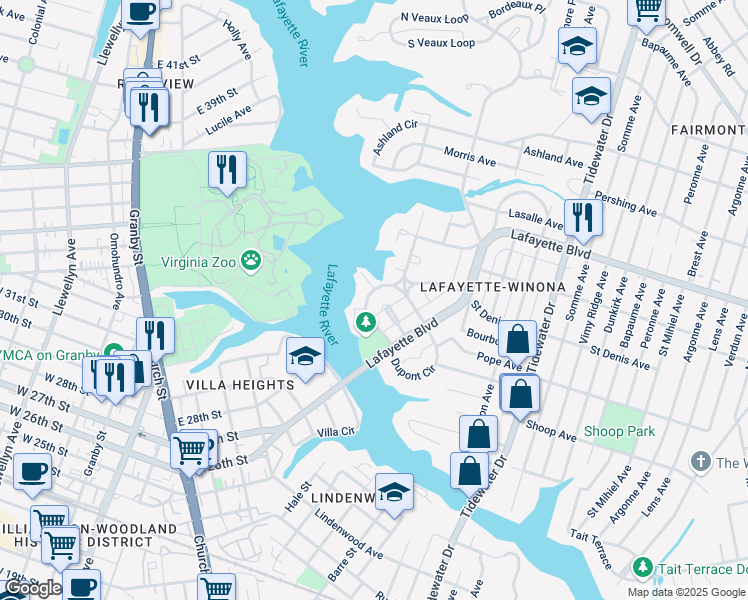 map of restaurants, bars, coffee shops, grocery stores, and more near 136 Orleans Circle in Norfolk