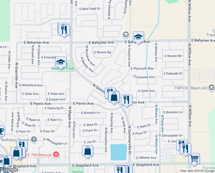 map of restaurants, bars, coffee shops, grocery stores, and more near 9611 North Willey Court in Fresno
