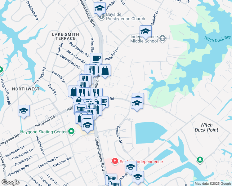 map of restaurants, bars, coffee shops, grocery stores, and more near 1121 Witchgate Court in Virginia Beach